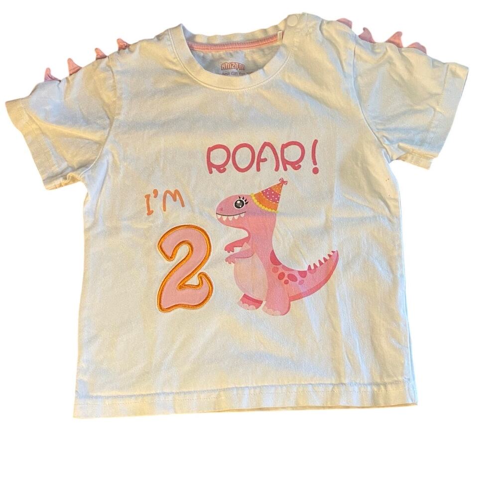 Boutique white pink dinosaur Happy‎ Birthday 2 short sleeve shirt SIZE 2